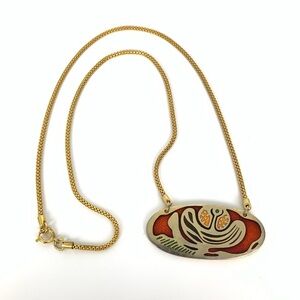 De Passille Sylvestre Necklace Gold Tone Red Flower Alien Weird Vtg MCM Canada